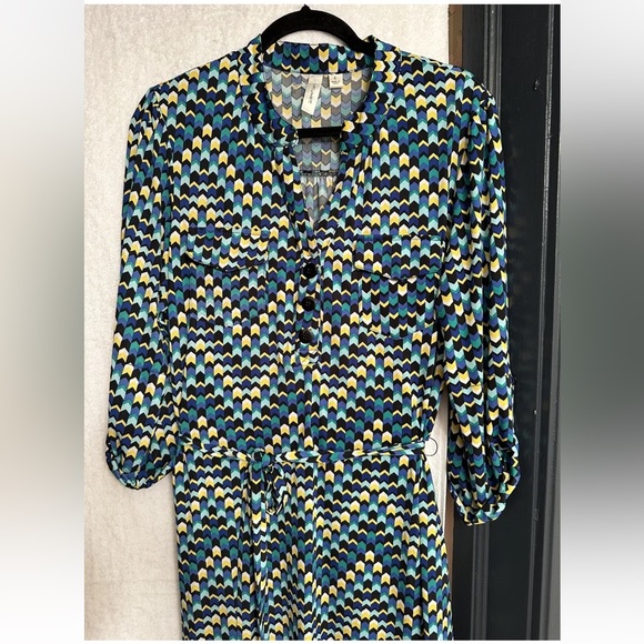 tacera women green Zig Zag Print button up shirt dress size L - Picture 2 of 16